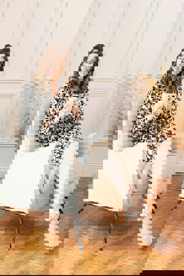 Camille Women's Brown Snow Leopard Supersoft Fleece Hooded Calf Length Bathrobe