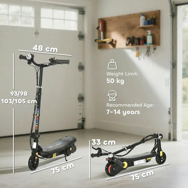 Black electric scooter shown angled with adjustable stem and front wheel