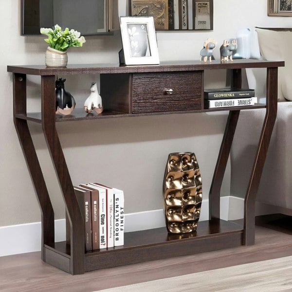 Rafaelo Mobilia Industrial Narrow Console Table With Drawer Walnut Bown