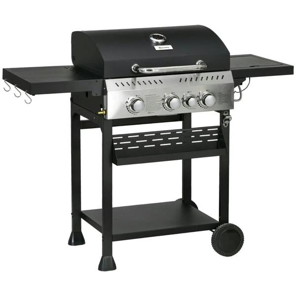 Black four-burner steel gas grill with thermometer on lid and two side shelves