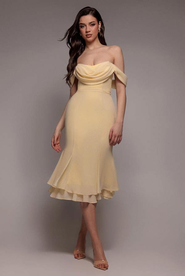 Chiffon Cowl Off Shoulder Wing Tiered Midi Dress - Butter Yellow DR4843