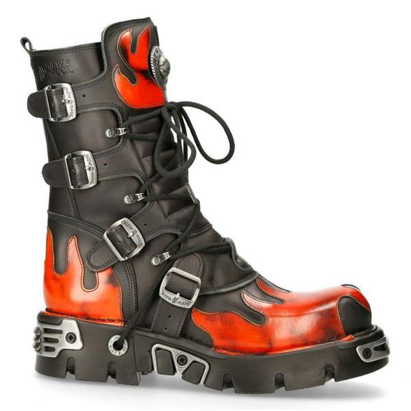 New Rock Flame Accented Black/Red Leather Boots- 591-S1