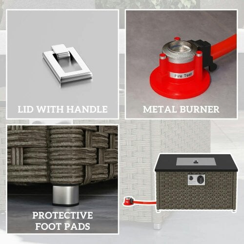 Bobobiy Rattan Gas Fire Pit Table, 13 KW Smokeless Propane Fire Pit with Lid, 58 x 33 cm, Grey, 58 x 58 x 33 cm