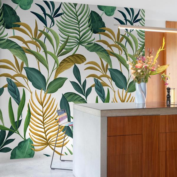 Grandeco Lariano Jungle Leaves 3 panel repeatable Mural 1.59 x 2.8m, Green Ochre