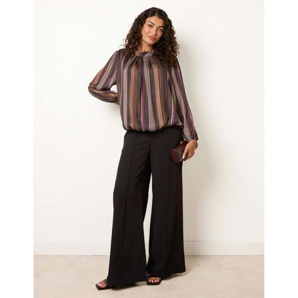 Blue Vanilla Metallic Vertical Multi Stripe Cowl Neck Blouse