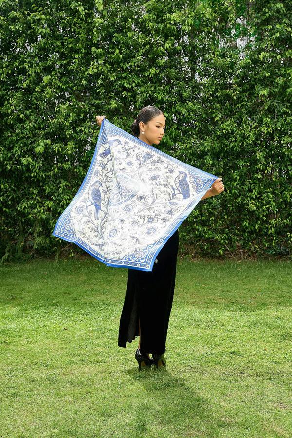 Blue Chinoiserie Birds Twill Silk Scarf – Printed Mulberry Silk, Hand-Rolled Hem