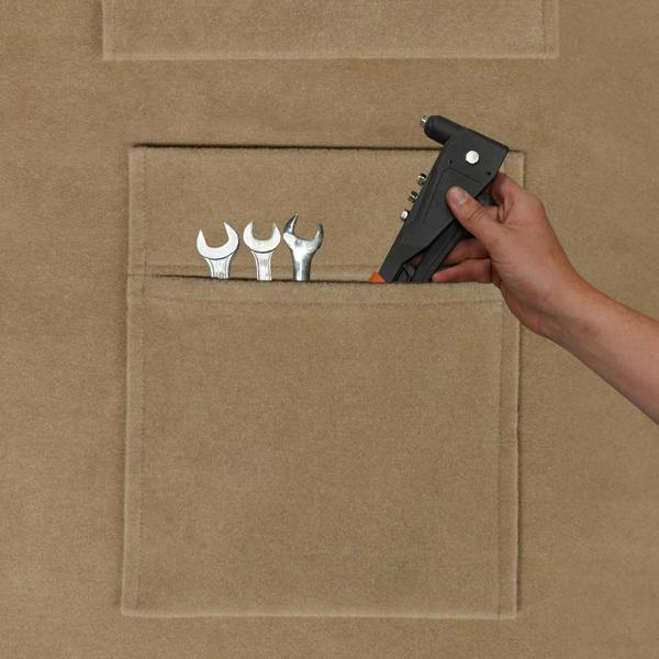 Beige storage pouches featuring multiple pockets, holding tools like wrenches and a staple gun, ideal for organization and convenience