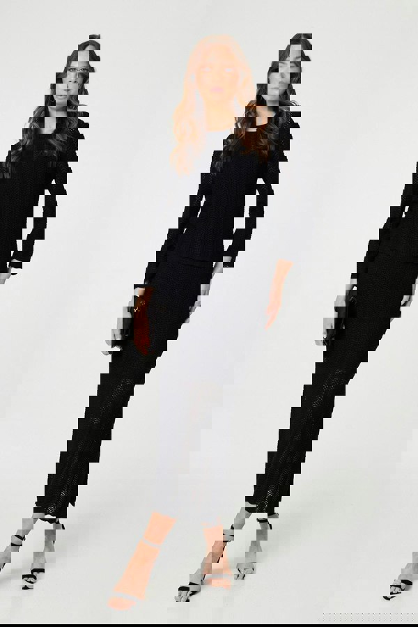 Black | High Waist Crochet Knit Midi Skirt