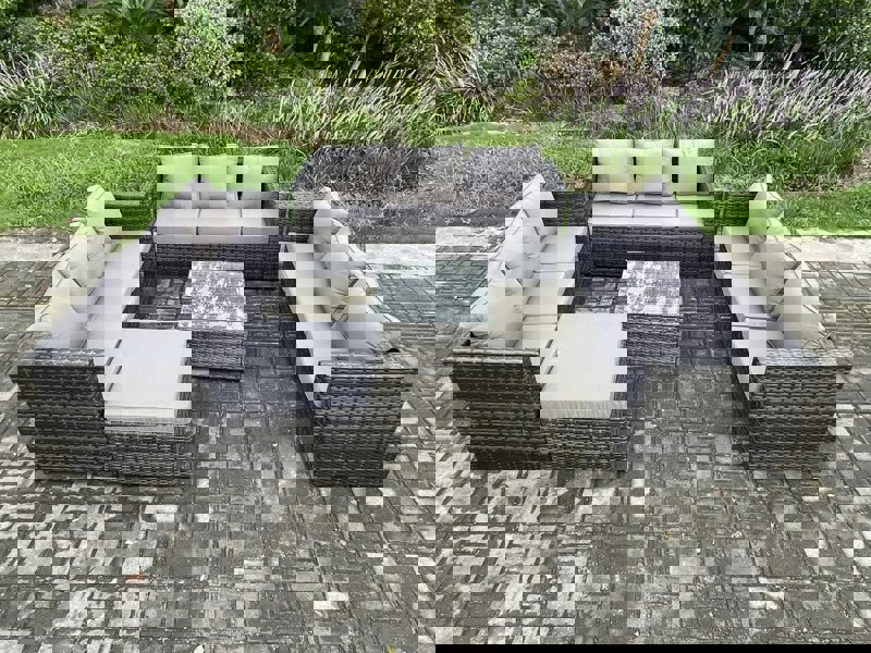 Fimous Outdoor Rattan Garden Furniture Set 10 Seater Patio Lounge Sofa Set with Square Coffee Table Big Footstool Dark Grey Mixed