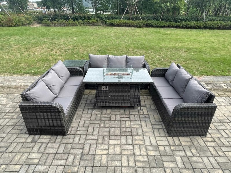 Fimous Rattan Furniture Garden Dining Set Gas Fire Pit Table With Side Table 3 Seater Sofa Dark Grey Mixed