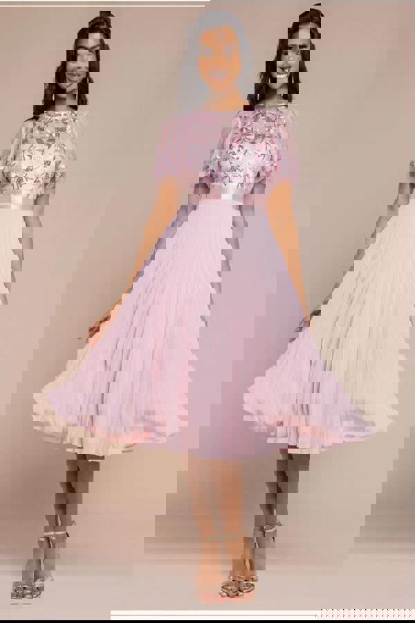 Embroidered Top Chiffon Pleated Midi - Blush Pink DR3802