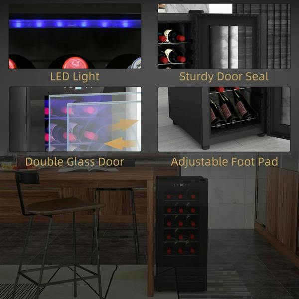 Black wine fridge with LED interior light, double glass door, and door seal