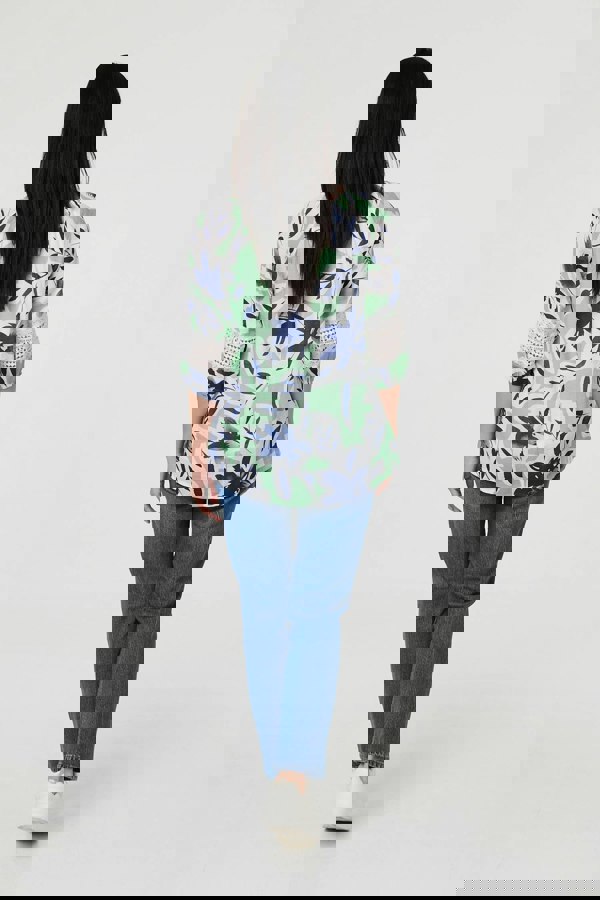 Green | Leaf Print Lace Trim Bardot Blouse
