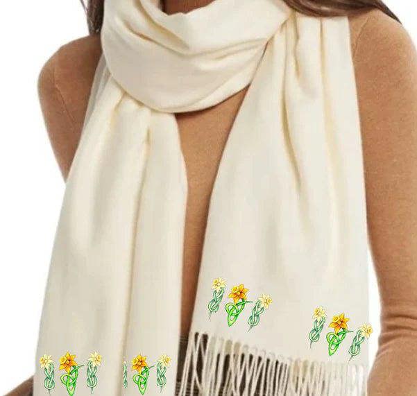 Art on Scarves Cashmere Feel Luxury Scarf Handprinted with Celtic Daffodils