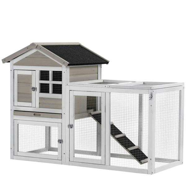 Grey outdoor rabbit hutch with side house, wire mesh enclosure, ramp and black roof