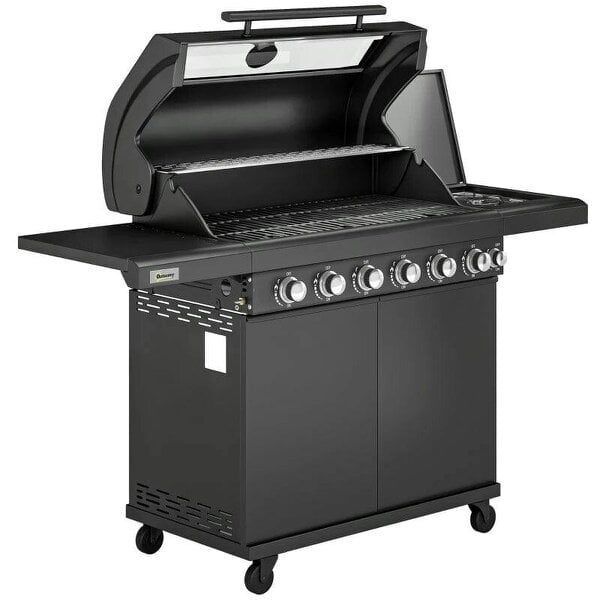 Bobobiy 6+1 Burner Gas BBQ Grill, Outdoor Barbecue Trolley with Wheels, Warming Rack, Thermometer, Bottle Opener, Black