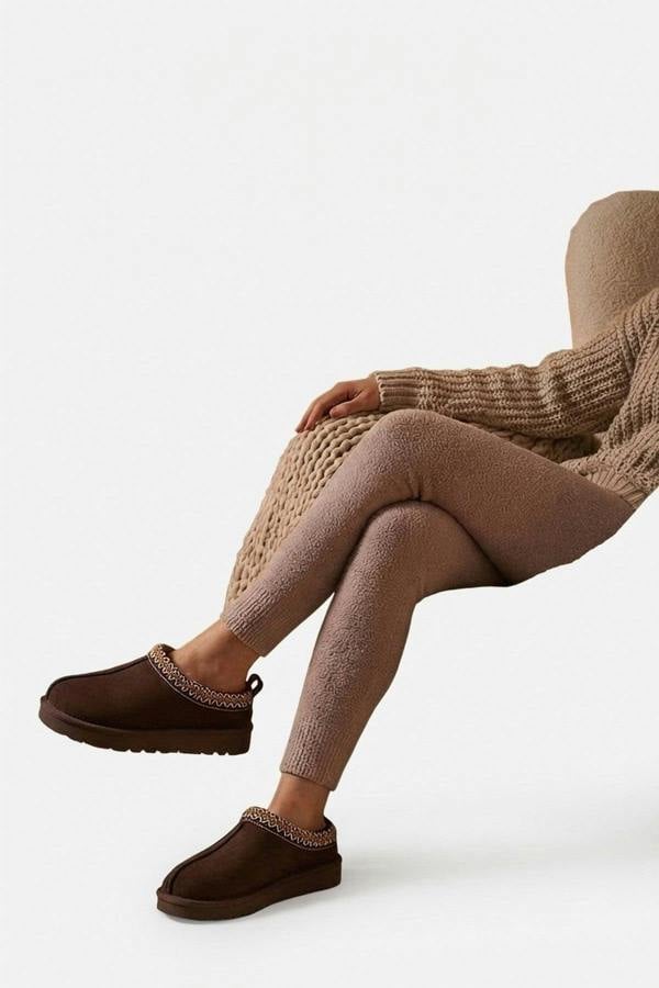 Ravina Chunky Slip On Suede Slippers With Stitch Detail - Brown_wb