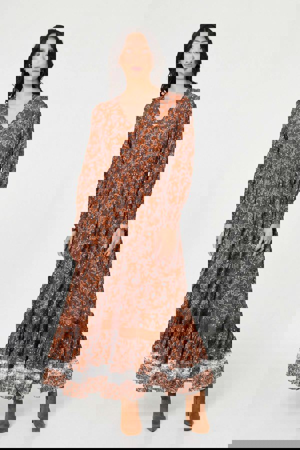 Rust | Paisley Shirred Lace Trim Maxi Dress

