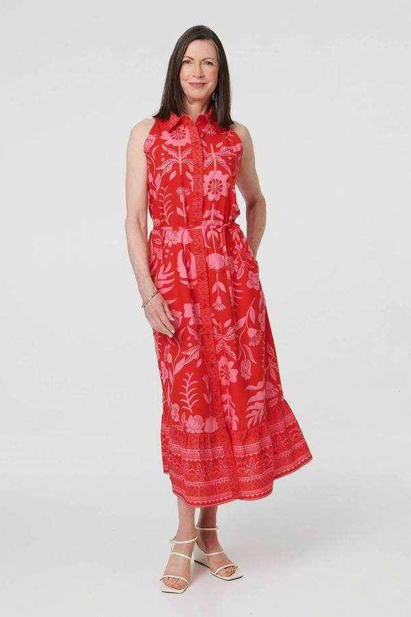 Orange | Floral Tie Waist Sleeveless Midi Dress