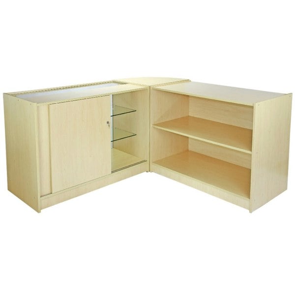 Light wood Comet Counter Set featuring a sleek design with a glass display cabinet and open shelving for versatile storage options