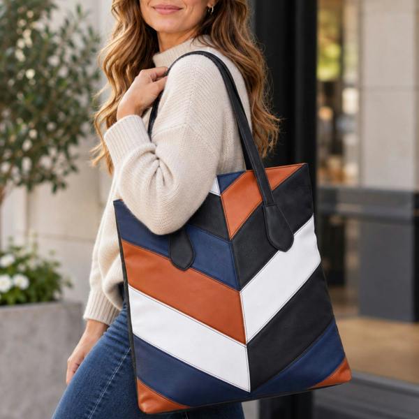 Lorenz Chevron Colour Block Tall Tote Shopper Bag - Black/Tan/White/Navy