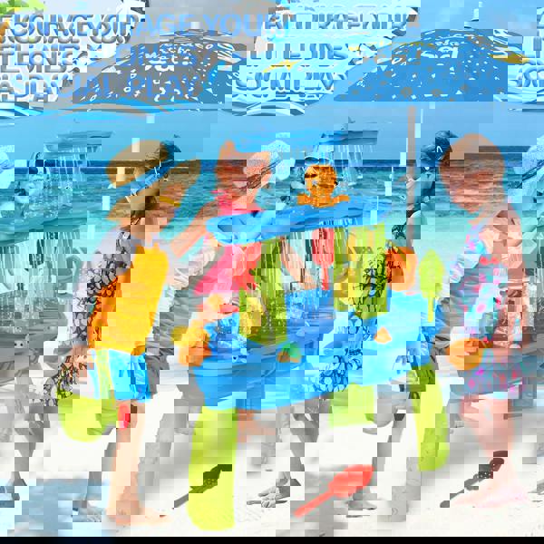 deAO Toys deAO Kids 3-Tier Water and Sand Play Table with Shade Umbrella – Outdoor Activity Set with Water Wheels