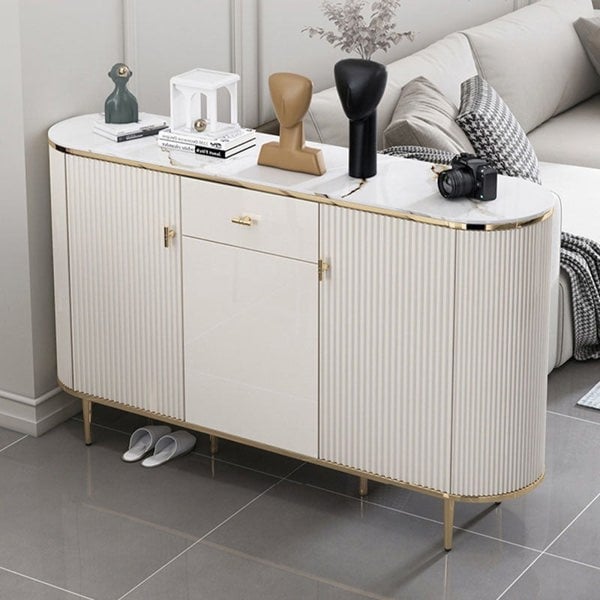 Detail view of Drake Shoe Storage, White & Gold with hall tree with shoe storage