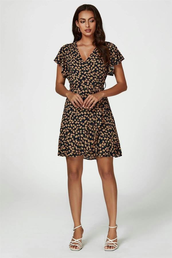 FS Collection Floral Print Wrap Top Dress In Navy