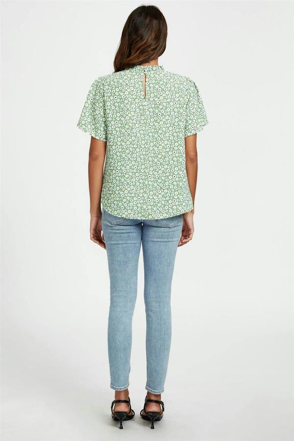 FS Collection Little Floral Print Angle Sleeve High Neck Top/Blouse In Green