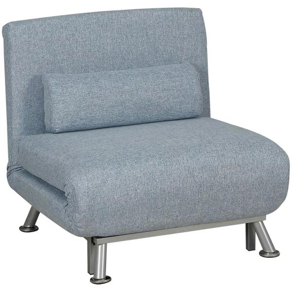 Sky blue upholstered convertible sleeper chair with padded armrests and backrest