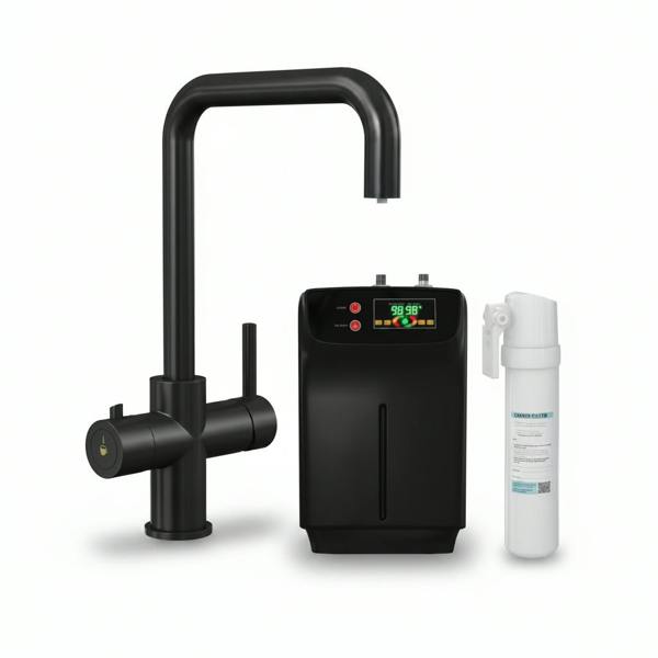 Matt black boiling water tap on a white background with boiler and carbon rod filter