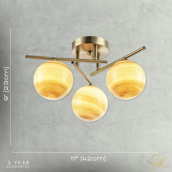Modern Antique Brass Ceiling Light with Amber Tone Marble Glass Shades Image 7