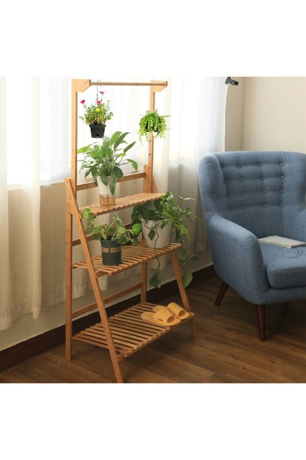 Living and Home 3-Tier Foldable Wooden Ladder Shelf with Hanging Rod