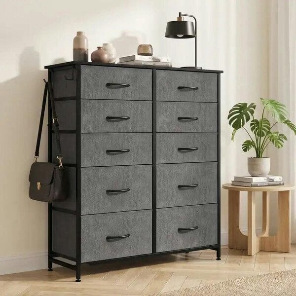 Chest of Drawers, Dresser with 10 Fabric Drawers, Tall Storage Unit with 4 Pockets and 2 Hooks Steel Frame, Grey