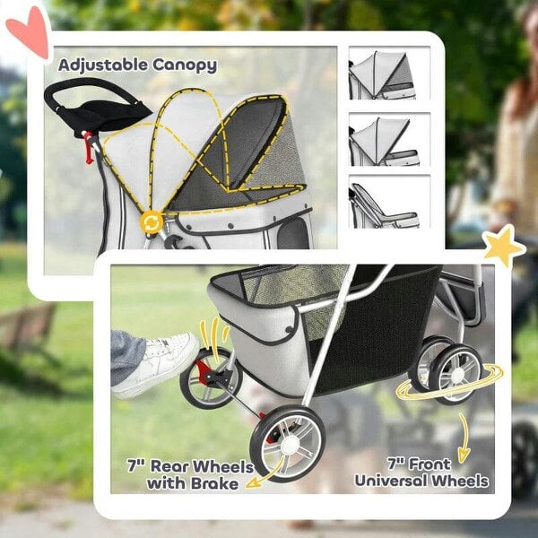 Dog Stroller, 3 Wheels Foldable Pet Stroller with Adjustable Canopy, Storage Basket for Small Mini Breeds, Grey