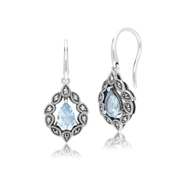 Gemondo Art Deco Style Pear Blue Topaz & Marcasite Drop Earrings in Sterling Silver