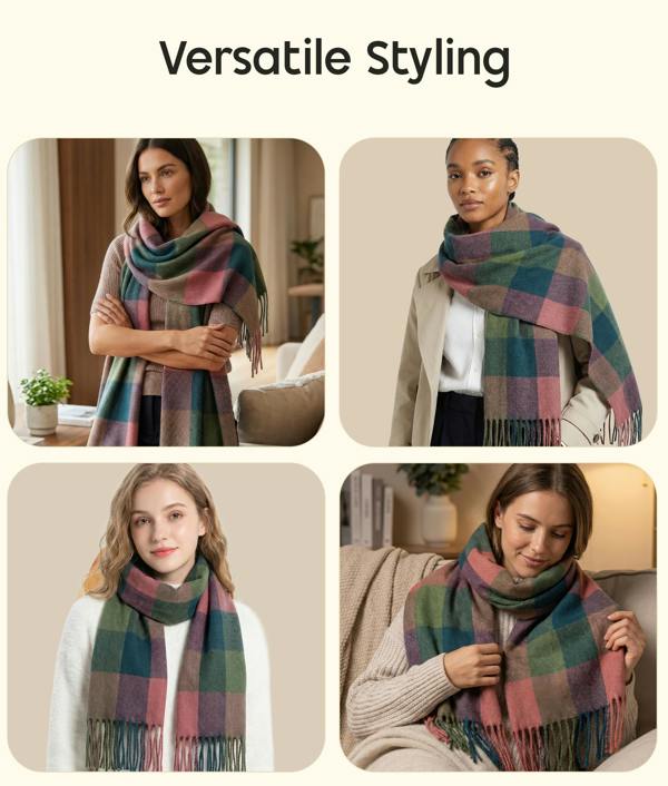 VIA MONTEN Women’s Vintage Plaid Scarf, Oversized Winter Scarf Wrap with Fringe, Soft Long Shawl for Cold Weather Styling