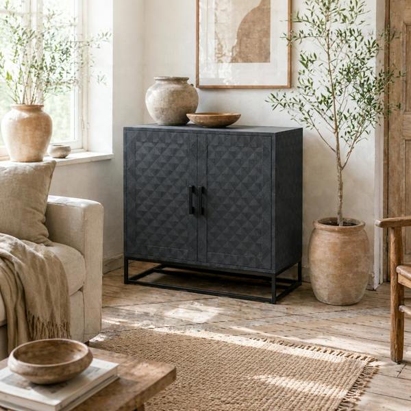 Wyld Haus Nelima Black Freestanding Retro Sideboard With Double Doors Geometric Pattern