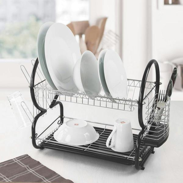 Dyzi 2 Tier Dish Drainer Rack with Utensil Cup Holder Draining Tray Chrome