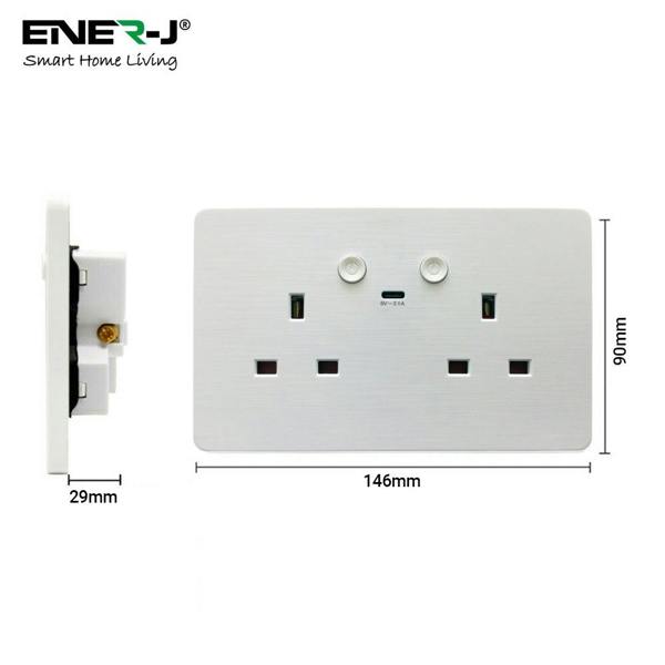 ENER-J Smart Wall Socket – WiFi Double Power Socket with USB & Type-C, Alexa & Google Compatible, 13A UK White