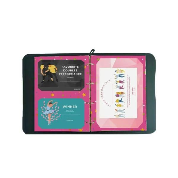 Black leather ring binder with colorful dance cards for proud moments certificate holders