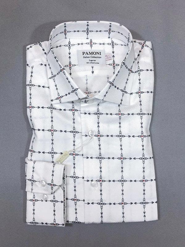 White Check Arrow Print Slim Fit Shirt - Pamoni