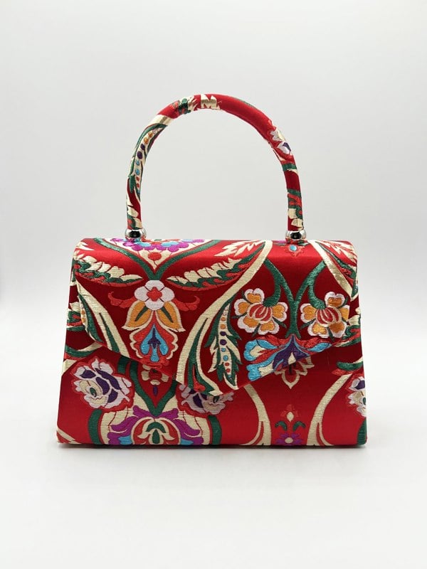 SVNX Floral Satin Embroidered Top Handle Bag in Red
