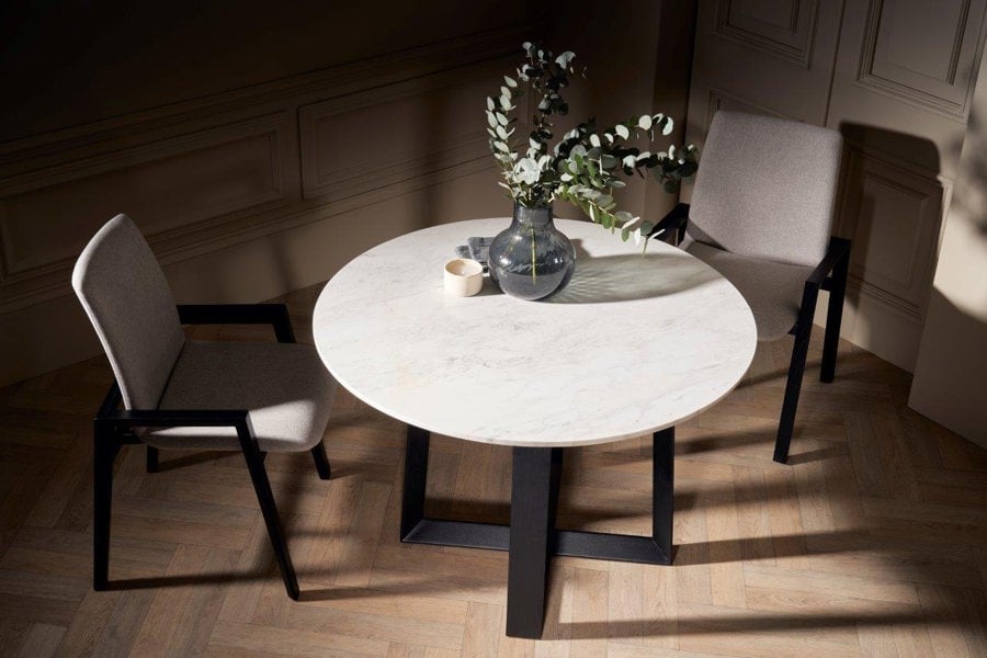 Cadiz Large Round Dining Table with Natural Stone Real White Marble Top & Natural Black Oak Base by Gillmore British Design © GillmoreSPACE Limited