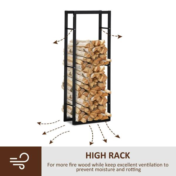 Black tall metal firewood rack with open front, holding neatly stacked logs.