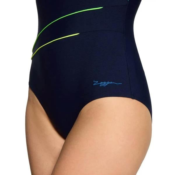 Navy Zoggs Octane macmaster scoopback swimsuit with neon green accents