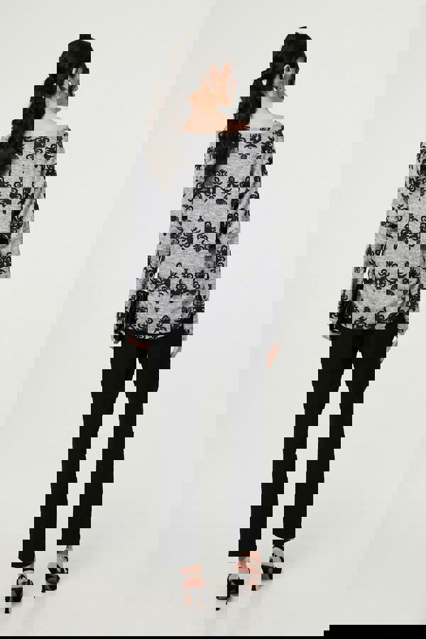 Grey | Printed Long Batwing Sleeve Relaxed Top
