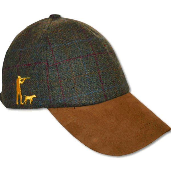 Green tweed baseball cap with Standing Shooter with Dog embroidery on the side, perfect peaked cap as a gift