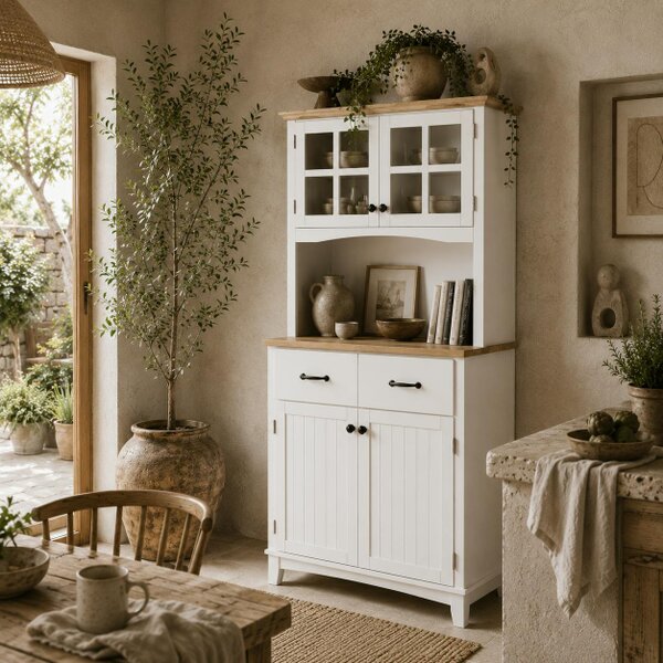 Wyld Haus Fidipa Wooden White Kitchen Storage Cupboard With Glass Doors And Microwave Shelf 172 cm