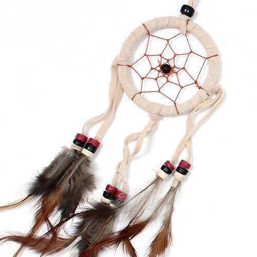 Small cream round dreamcatcher with red web, black center bead, and dangling feathers
